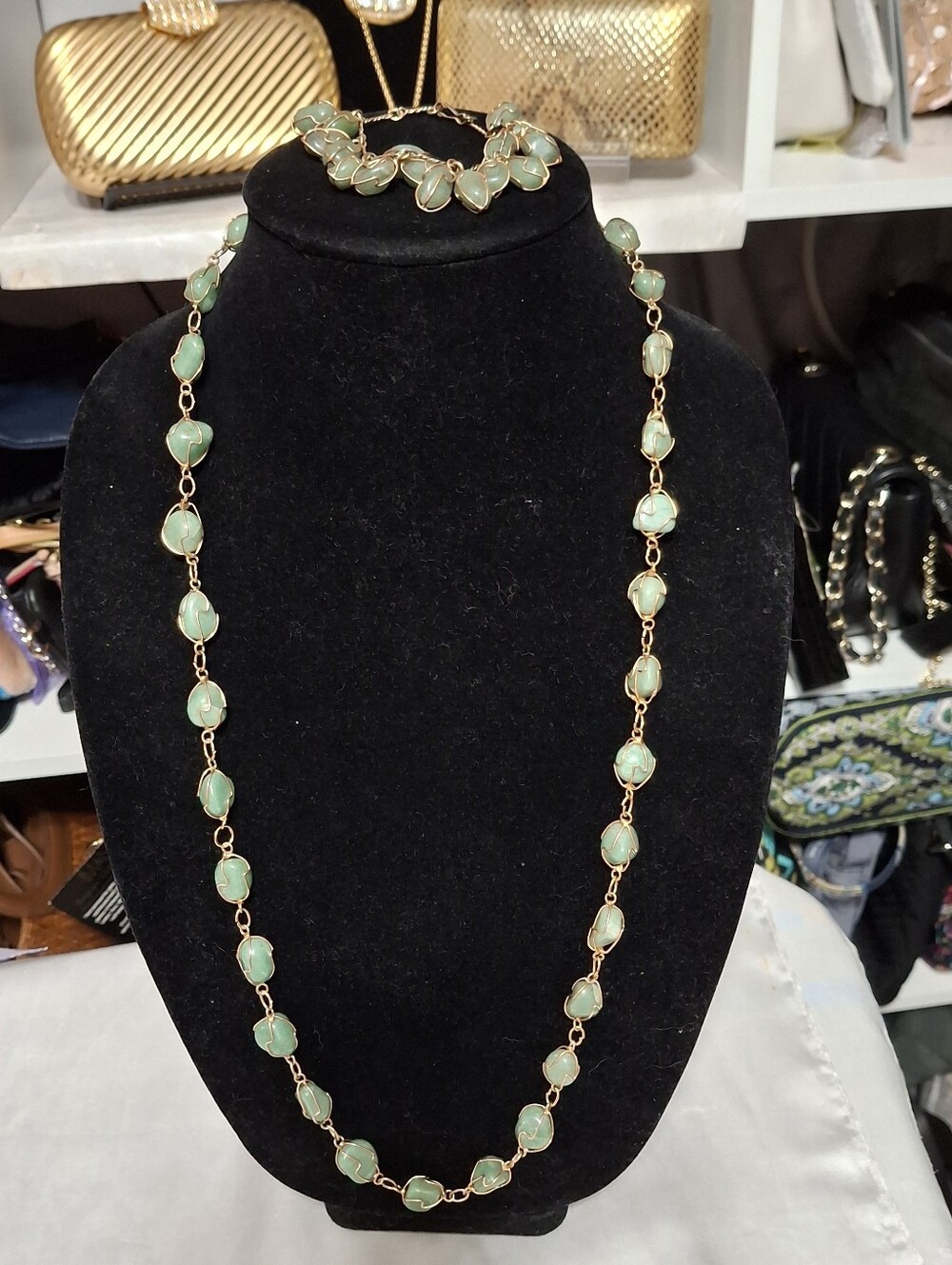 Jadite caged stones wire wrapped  Vintage necklace and bracelet set